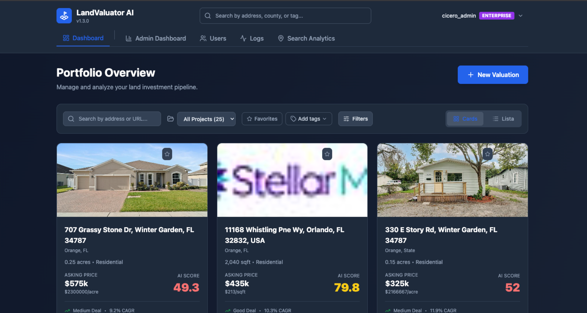 LandValuator AI Portfolio Overview - Dashboard completo de an&aacute;lises imobili&aacute;rias