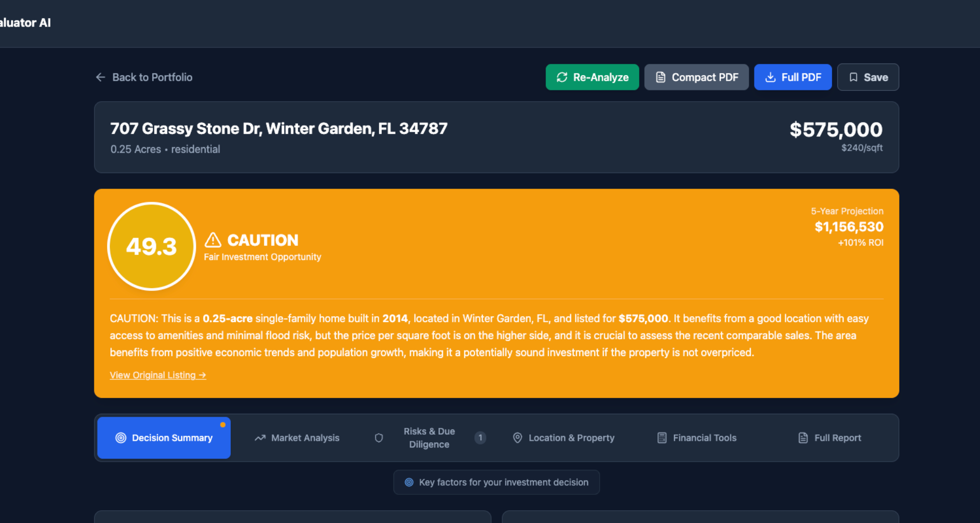LandValuator AI Decision Summary - AI Score com recomenda&ccedil;&atilde;o de investimento BUY HOLD PASS
