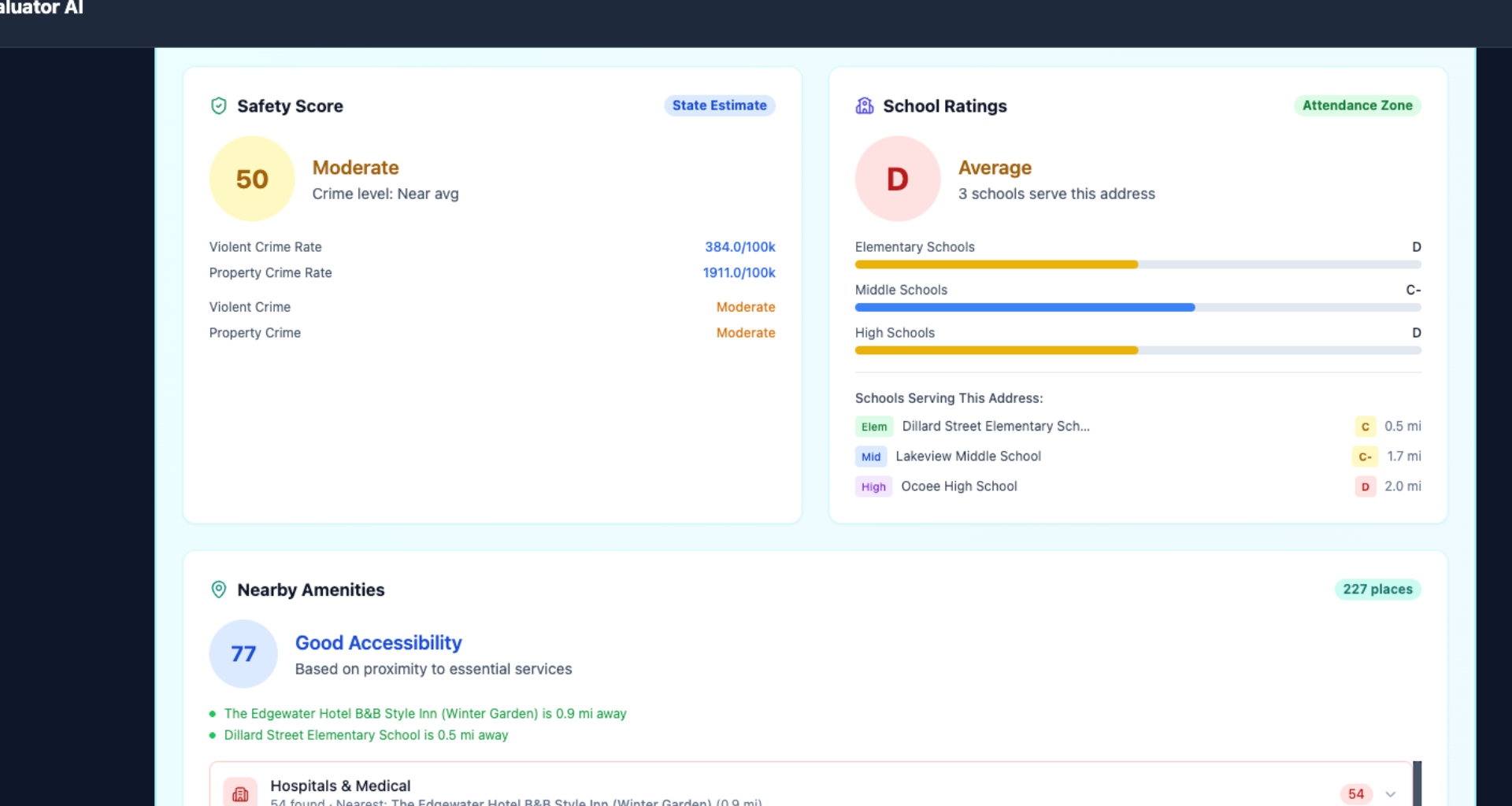 LandValuator AI Location Analysis - Safety Score, School Ratings e amenidades pr&oacute;ximas